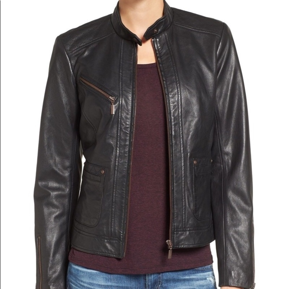 Bernardo Black Leather Stand-Collar Moto Jacket